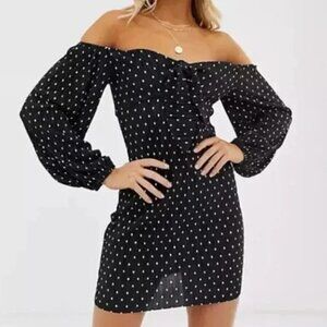 NWT ASOS DESIGN Black White Bardot Polka Dots Plisse Off Shoulder Mini Dress
